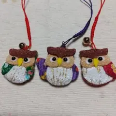 ハンドメイドちりめん根付ふくろうセット