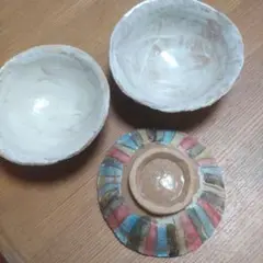 手作り陶器 お茶碗 3個セットしましま柄かわいい！★送料無料