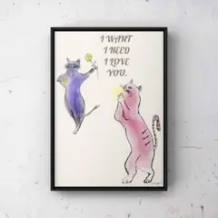 ★A4フレーム付き★オリジナル アートポスター LOVE CAT② 猫インテリア