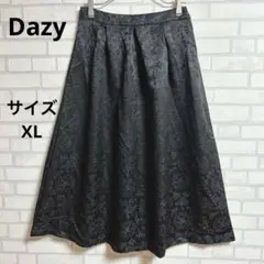 【Dazy】フレアロングスカート　サテンスカート　光沢　総柄　黒/ブラック　XL