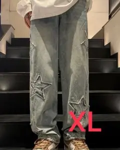XL 青 星 【人気商品】ストリート デニムパンツ ダメージ加工 ワイド