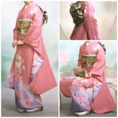 京都きもの友禅 美品 振袖 フルセット 正絹 薄紅 着物 桜 金彩 成人式