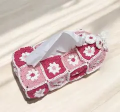 グラニースクエア ティッシュボックスカバー ピンク お花デザイン