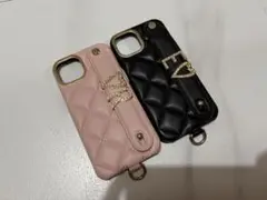 iPhone13 スマホケース キルティング ピンク ブラック ビジュー R E