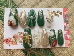 現品販売★ネイルチップ★深緑★和柄★振袖★ミラーネイル★花柄★成人式★和モダン