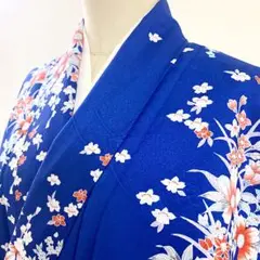 2m1473 着物 小紋 袷 青 赤 白 紫 花柄 和装