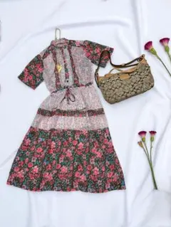 70sシアー小花柄ティアードパッチワークワンピノーカラー古着屋vintage