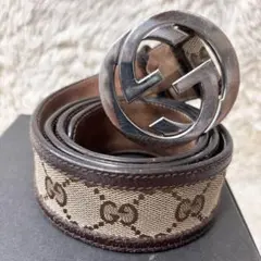 【美品】グッチ ベルト ベージュ ブラウン インターロッキング キャンバス