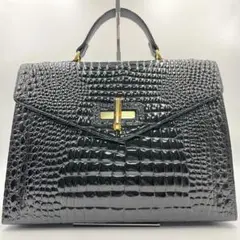 ハンドバッグ クロコ A4 鼈甲 ターンロック ゴールド金具 エナメル ブラック