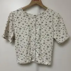 しまむら　ルナシオン　花柄ボタン付き半袖トップス白L