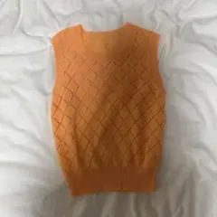 オレンジ ダイヤモンド編み ノースリーブニット