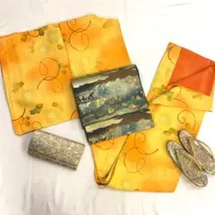 【S195】着物 小紋 正絹 袷 オレンジ×黄 唐花 単品販売♪