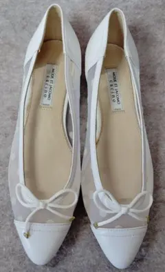 【3385】carino ドット メッシュ リボン フラットパンプス 24 白
