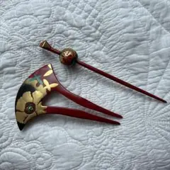 赤い花柄のかんざし 2点セット