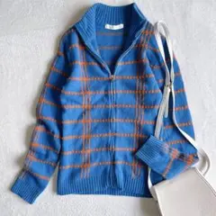 ウール100%✨ビーズ装飾 ニットパーカー ジップ チェック カーディガン M