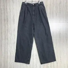 タック入り ワイドレッグ デニム パンツ ジーンズ グレー系