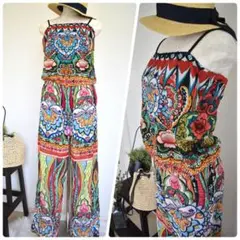 Desigualレトロ柄シフォンオールインワンサマー派手鮮やかパンツドレス