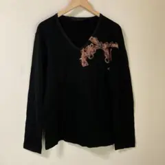 roar 黒 長袖Tシャツ 銃のプリント Vネック