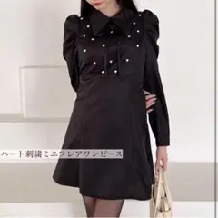 MIIA ハート刺繍ミニフレアワンピース　黒