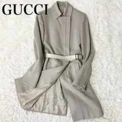グッチ ベルト付き コート GG柄 カシミヤ 38M グレージュ トムフォード期