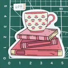 防水ステッカー 本とティーカップ ピンクデザイン