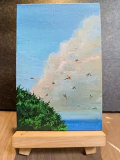 夏の雲と赤とんぼ　アクリル画 油 小型