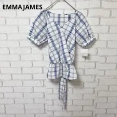 EMMAJAMES 半袖　シャツ　チェック柄　新品　青　コットン　リボン　11号