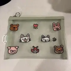 ノンタン　刺繍柄　メッシュポーチ　お友達　グリーン　うさぎさん　くまさん