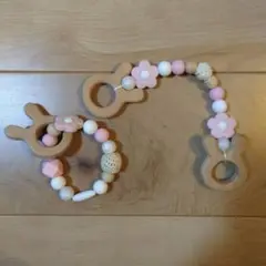歯固め マグホルダー うさぎ ピンク シリコン 木製　2点セット