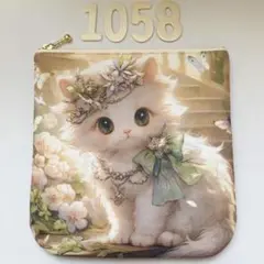 1058.白猫 パネル生地 ふかふかポーチ