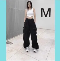 【黒/M】カーゴ ワイドボトムス レディースパンツ ブラック　グリーン