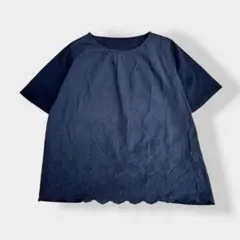 プロバドール レース 花柄 スカラップ 半袖 ブラウス Tシャツ ネイビー M