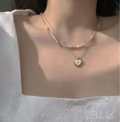 パールチェーンネックレス+ハートトップネックレス 2連 セット