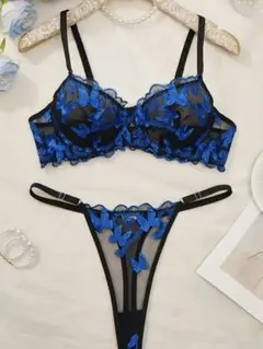 青・黒 花柄レース ブラジャーショーツセット S
