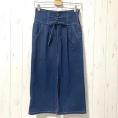 ✨美品✨アルマデザイン《L》デニムスカート　リボン　膝丈　スリット　定番　ブルー