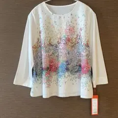 新品 花柄 七分袖 白 Tシャツ M〜Ｌサイズ ホワイト タグ付き