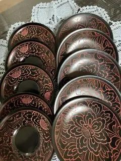 煎茶道具　能登　輪島塗　沈金　菊模様　茶托 煎茶道具 能登 輪島塗 沈金 菊模様 茶托 工芸品