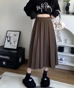 幅広プリーツスカート　FREE STYLISTS ブラウン　XL