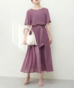 美品*natural couture フレア袖太ベルトワンピース*パープル
