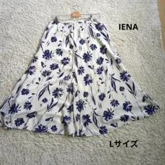 IENAイエナ　花柄ロングフレアスカート ホワイト×ネイビーLサイズ