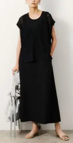 オペークドットクリップ　メッシュニット×ノースリーブワンピースセット