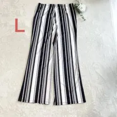 ストライプ ワイドパンツ 黒、白　ウェスト総ゴム　部屋着 シンプル　美品　Ｌ