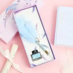 新品 ガラスペン かわいい 羽 インク1色付き ブルー ライティング 可愛い