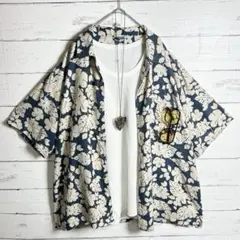【リネン61%】リーフ柄 アロハシャツ 開襟シャツ 半袖 ネイビー×生成り XL