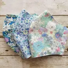 ハンドメイド マスク　花柄ブルー3枚セット