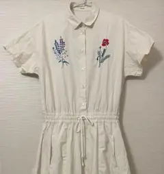 haupia シャツワンピース 刺繍 半袖 花 オフホワイト