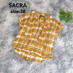 サクラ SACRA シルク混 マスタードチェック フレンチスリーブ 【38】