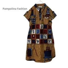Pampolina Fashion ハーフボタン半袖ワンピース　総柄　レトロ