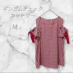 ギンガムチェック　カットソー　ノースリーブ　M　リボン付き