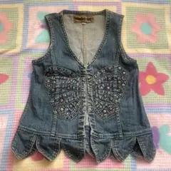 古着 バタフライ刺繍 デニム ベストy2k